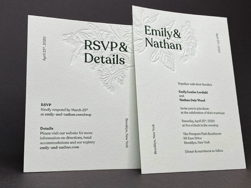 Blind deboss letterpress wedding invitation and RSVP card