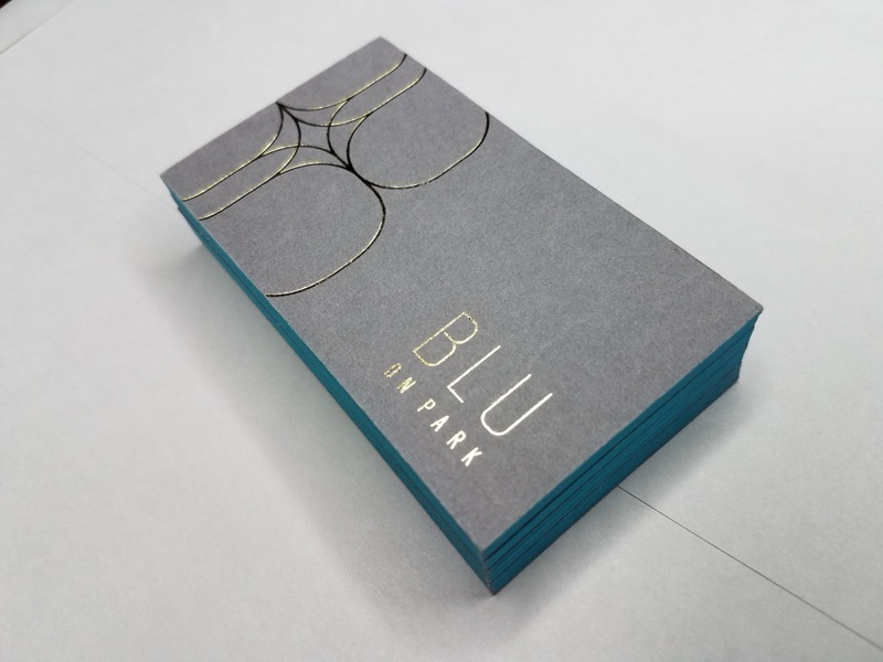 BLU on Park gray duplex cards with teal painted edges