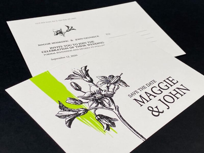 Botanical save-the-date with reply card, offset printed