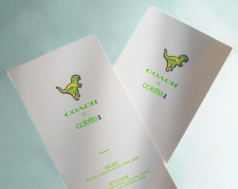 Pair of COACH x colette cocktail menus letterpress printed in neon