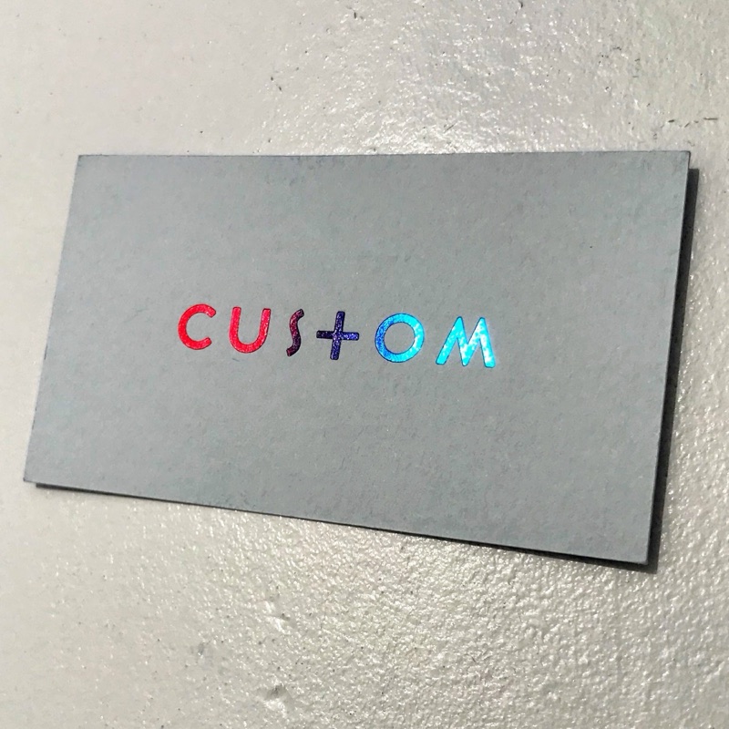 CUSTOM lettered in multicolor foils on gray card