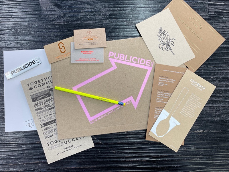 Assorted letterpress and foil samples from a pack