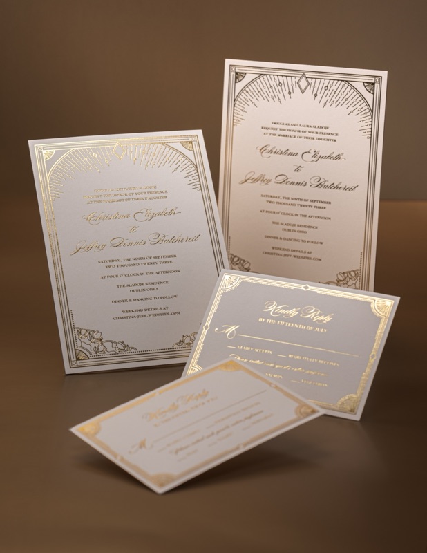 Gold-bordered letterpress wedding suite with RSVP and details cards