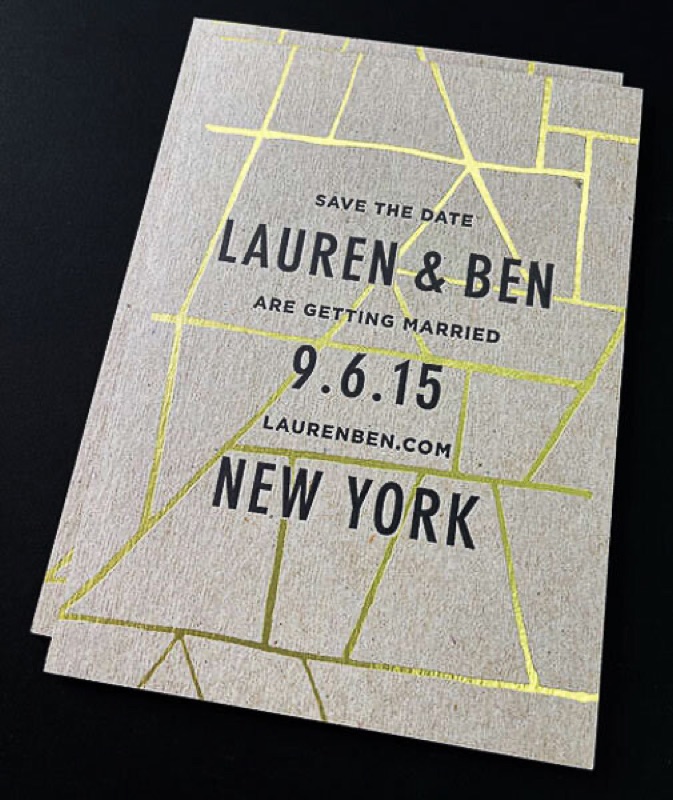 Gold foil save-the-date on kraft paper