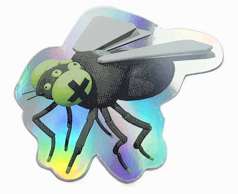 Holographic die cut sticker with white ink