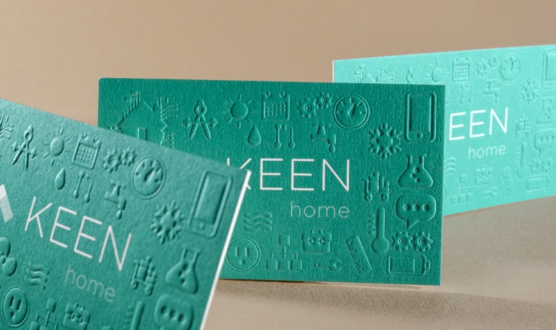 Keen Home cards with teal embossed pattern