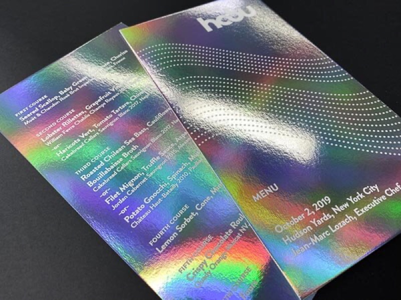 Letterpress menu on iridescent paper