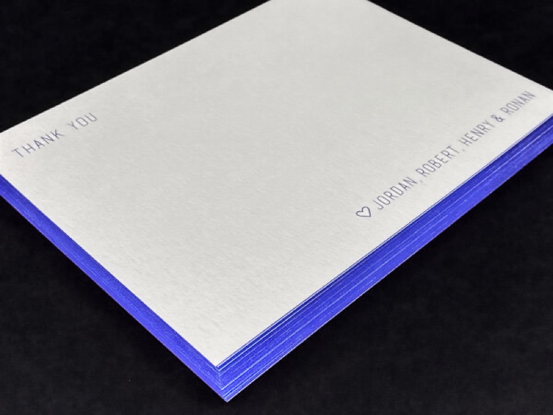 Letterpress thank-you cards with color edges