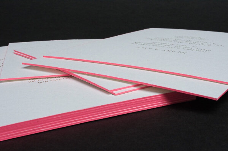 Letterpress wedding stationery with pink painted edges
