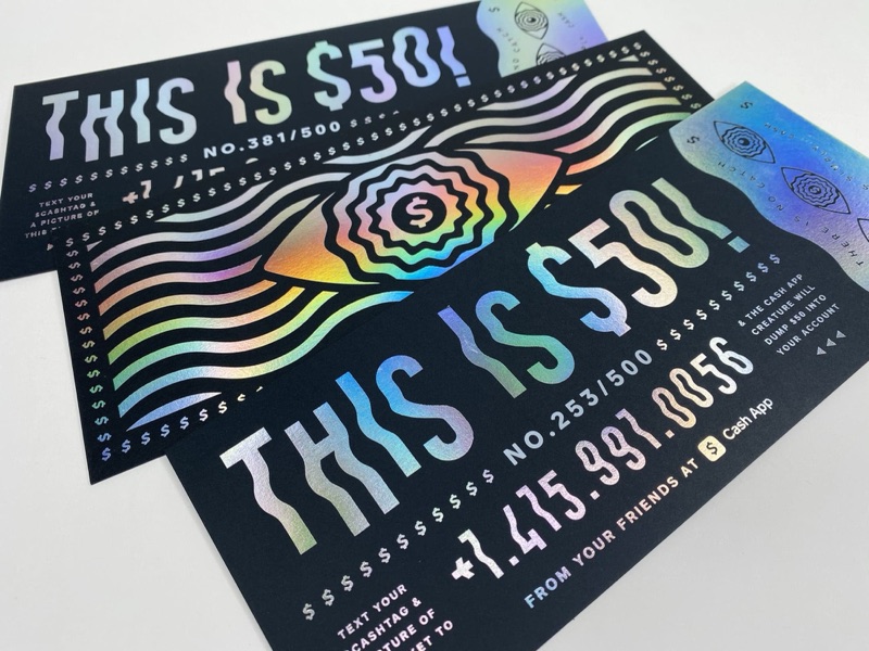 Rainbow hologram foil on black paper packaging
