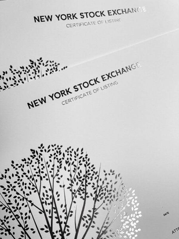 Silver foil certificate for the New York Stock Exchange