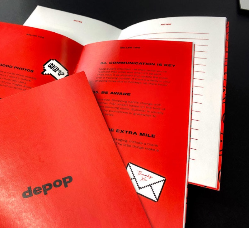 Two-color saddle stitch zine for Depop